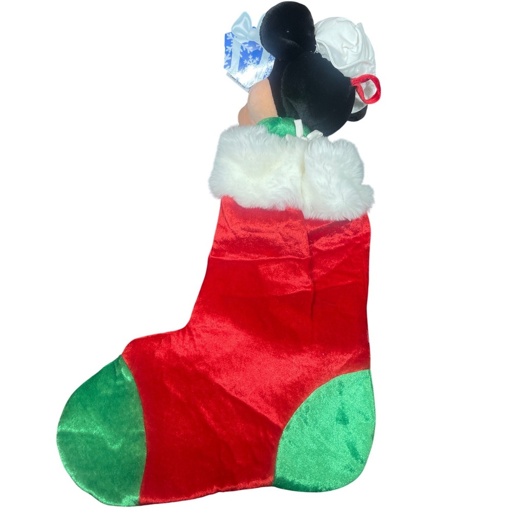 Disney Store Minnie Mouse Christmas Holiday Plush Stocking Red Green Fur Trim - Picture 3 of 5
